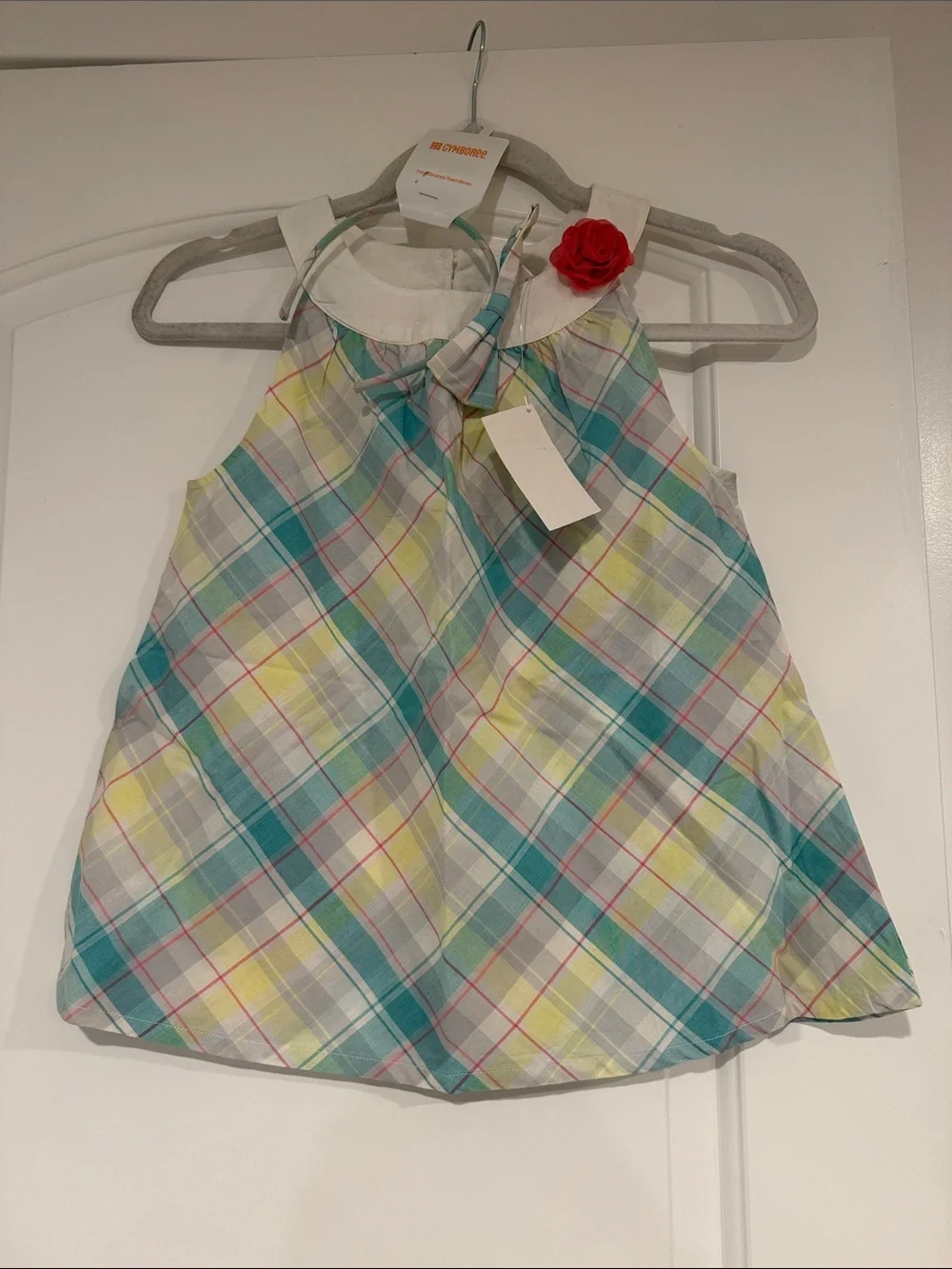 Gymboree Teal Yellow Pink Plaid Sundress with Red Rose